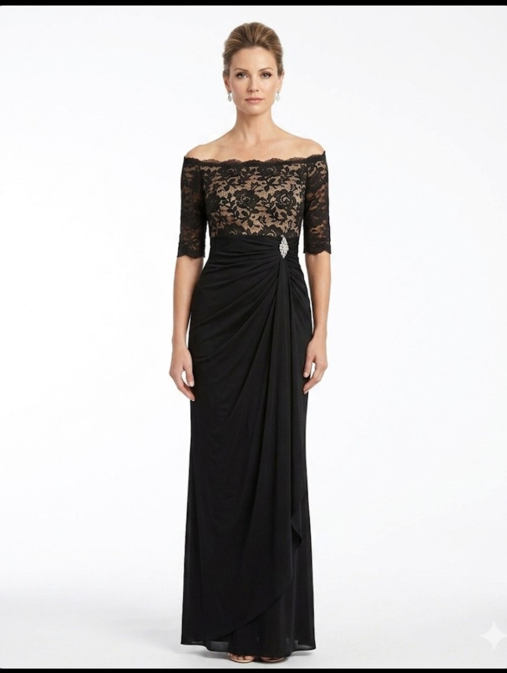 Dj-Jaz Off Shoulder With Ruched Cascading Gown 12 Maxi Formal Dress Elegant